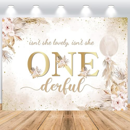 ASDCXZ Erster Geburtstag Fotohintergrund Mädchen 2.2x1.5m, Boho Pampas Gras Blumen Ballon Mädchen 1. Geburtstag Fotowand Hintergrund Süße Prinzessin Geburtstag Party Kuchen Tischdekoration Banner