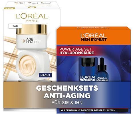 L'Oréal Paris Pflegesets für sie & ihn, Gesichtspflege-Sets mit 2x Gesichtscreme, Nachtcreme und Serum, Anti-Aging Geschenke für Damen und Herren, Age Perfect Pro-Kollagen Experte, Power Age, 4-teilig