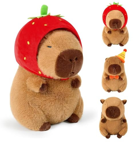 MeYuxg Capybara Kuscheltier, 22cm Capybara Plüschtier mit Erdbeer Tiara, Niedliches kindliches wasserschwein Kuscheltier, Weiches und Bequemes Capybara Plüschtier, Geschenk, Home Deko(Erdbeere, 22cm)