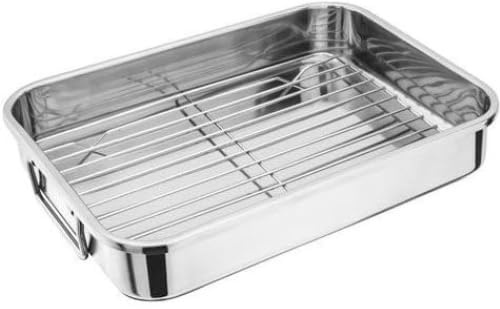 GSV Essentials Stainless Steel Roasting Tin Tray, Heat Resistant, Long-Lasting, Lightweight, Ideal for Meat, Baking, Vegetables, Fish, Easy Cleanup, 32x23x6cm
