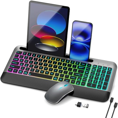 JOYACCESS Tastiera e mouse wireless con retroilluminazione combinata, tastiera compatta e silenziosa con mouse RGB, ricaricabile, portatile, senza fili, set per Mac, Windows, laptop (grigio spaziale)