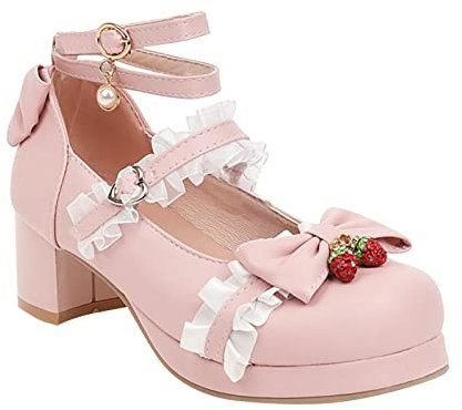 FGUUTYM Mary Jane Scarpe basse Con Tacco Alto Ragazze Donne Dolci Ed Eleganti Scarpe Da Principessa Scarpette Abiti Pizzo Fiocco Perla Fragola Carino Scarpe Da Sera Scarpe Da Sposa Festa, Colore: rosa