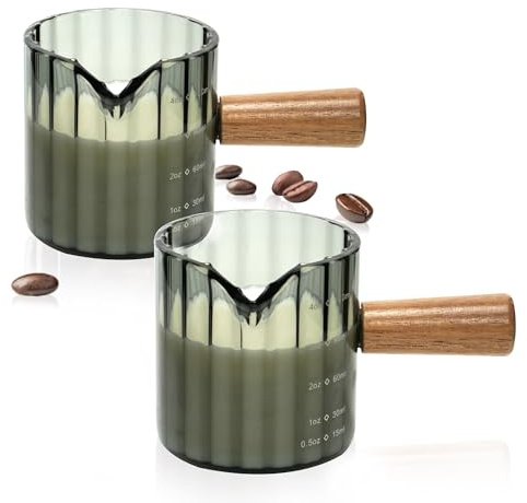 Espresso Cups Set of 2, 4 OZ Espresso Shot Glasses with Wood Handle, Gray | V-Shaped Spouts, Ribbed Milk Frothing Pitcher, Small Glass Measuring Cup, Demitasse Cups, Coffee Espresso Accessories