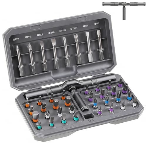 Set di cacciavite magnetico a cricchetto 42-in-1, set di strumenti per meccanica di precisione con 40 punte in acciaio S2, 1 manico principale e 3 manici combinati con scatola di conservazione per