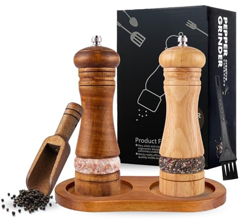 Set Macina Sale e Pepe in Legno, 2 Pezzi da 16,5 cm, Macina Pepe Manuale con Meccanismo in Ceramica Regolabile, Vassoio e Pennello per Spezie, Cumino, Sesamo, Paprika
