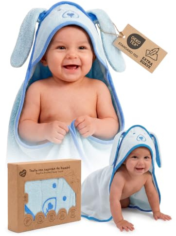 Capa de baño Bebe Toalla Bebé Bambu Capucha 89x89 cm (0-3 años) Capa de Baño Suave y Absorbente Regalo Recién Nacido Original para Papás y Mamás Baby Essentials en Diseños de Animalitos (Azul)