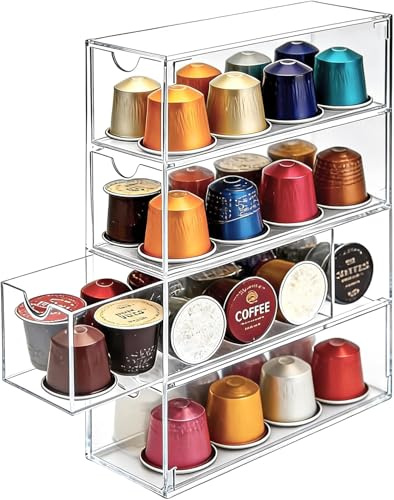 Cajón de almacenamiento para cápsulas de café, soporte transparente para cápsulas de café, 24,7 x 17,6 x 6,6 cm, cesta de cápsulas de café de acrílico con 4 particiones, para Nespresso, Dolce Gusto