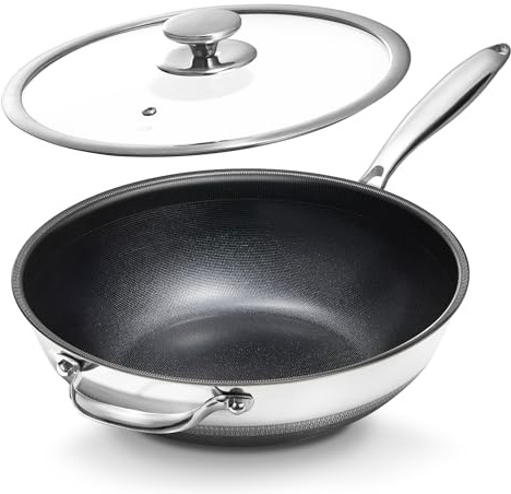 KOKHUB 30 cm Induction Wok Non Stick, Titanium Ceramic Wok with Lid | Stainless Steel Cooking Pan Indction, PFOA and PFAS Free, Compatible with All Stovetops, Family Size
