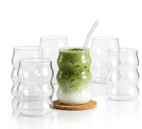 Altınbaş 6er Set Matcha Gläser 400ml - Ideal für Matcha Latte & Iced Matcha - Modernes Ripple Design - Geriffeltes Glas Set - Spülmaschinenfest - Elegante Wellen-Optik Matcha Becher & Trinkgläser