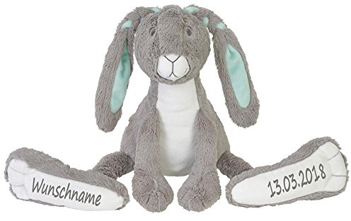 Elefantasie Stofftier Hase mit großen Füßchen mit Namen und Geburtsdatum personalisiert Geschenk grau 42cm