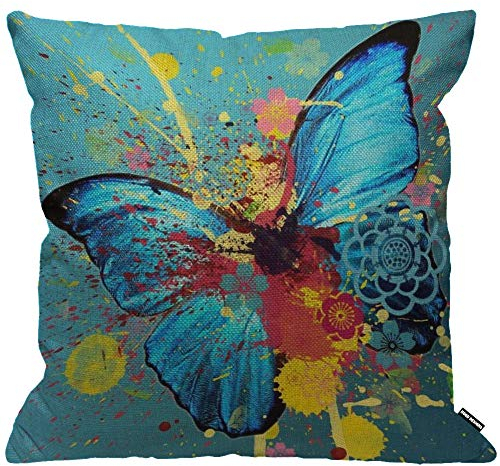 HGOD DESIGNS Kissenbezug Blauer Schmetterling Butterfly Fliege Spritzer Rot Gelb Kissenhülle Haus Dekorativ Für Männer/Frauen/Jungen/Mädchen Wohnzimmer Schlafzimmer Sofa Stuhl Kissenbezüge 45X45cm