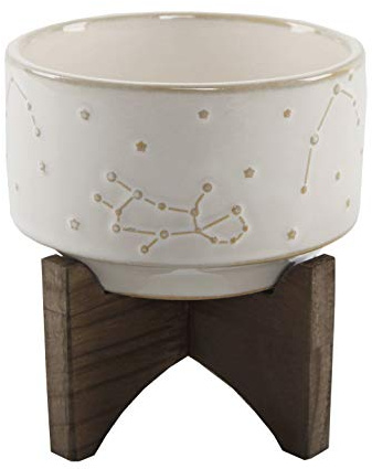 Flora Bunda 4 Inch Constellation Ceramic Pot on Wood Stand Mid Century,Ivory 4