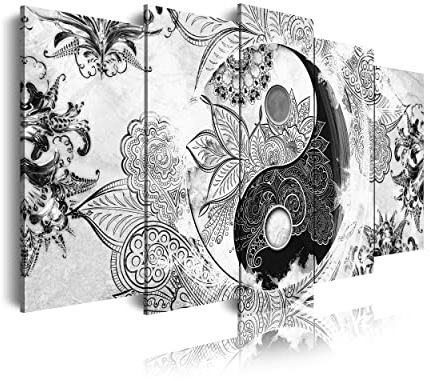 DekoArte 508 - Modernes Bild, digitalisierter Kunstdruck | Dekoratives Bild für den Salon oder das Schlafzimer | Stil Yin Yang Abstrakt Zen Farben Schwarz Weiβ | 5 Teile 150 x 80 cm