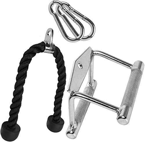 C.P.Sports Set tricipiti corda 70 cm + manico parallelo in acciaio pieno 14 cm + 2 moschettoni 80 mm x 8 mm – Cinghie di sollevamento per bicipiti/tricipiti Training, cavo – antiscivolo/cromato