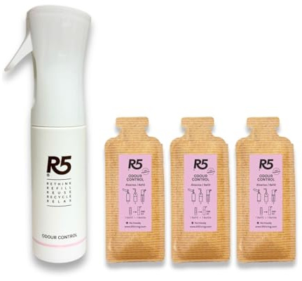 R5, Kit Odour, Spray Ambiente e Tessuti Eco-Formato | Con probiotici, neutralizza gli odori di cibo, animali, bagni e auto, fragranza floreale, 1 flacone e 3 refill