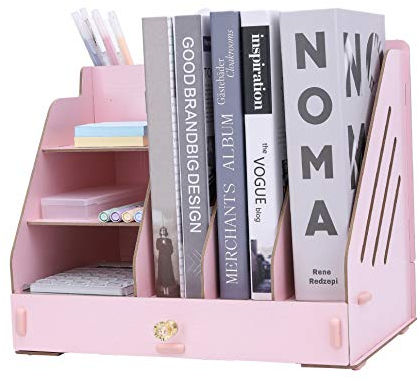 EXERZ Organiseur de bureau avec tiroir en bois – Trieur de papier, 3 couches, rangement de fichiers, peut contenir des papiers A4 remplissage de lettres et support, bureau et maison (Rose clair)