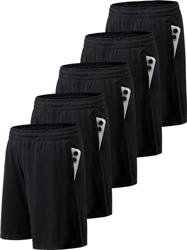 BVNSOZ Men's Athletic Shorts with Pockets and Elastic Waistband Quick Dry Workout Shorts for Men, Black x 5, L