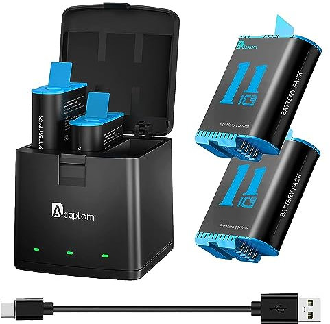 Adaptom Hero 11 Battery Chargers for GoPro 11 10 9, 2 Replacement Batteries with Three Charger Slots Compatible with GoPro Hero 11 10 9 Black (1 Charger + 2 Batteries)