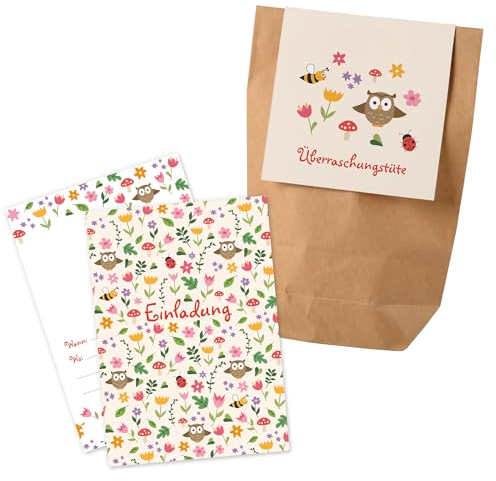 12x Blumenwiesen Einladungskarten + Partytüten - Set / Frühlingsparty Einladungskarten Frühling Kindergeburtstag Partytüten Kindergeburtstag Frühling Partytüten Kindergeburtstag Einladungen Frühling