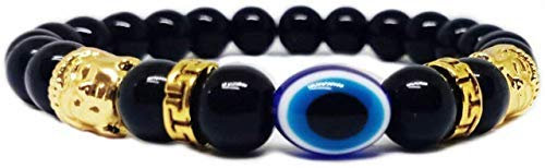 Frienemy Presents Schwarzes Tourmalin-Stein-Armband mit böses Auge und Goldener Buddha-Kopf 8 mm Perlen Reiki Kristallheilungs-Charm-Armband für Männer und Frauen #Frienemy-159