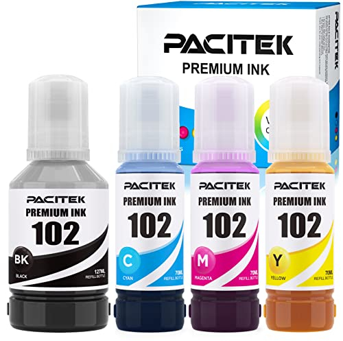 PACITEK 102 Ecotank 4-Colour Multipack Ink Replacement for Epson 102 Ink Bottle Refills for ET-2700 ET-2750 ET-2751 ET-2756 ET-3700 ET-3750 ET-4750 ET-15000 1 Black,1 Cyan, 1 Magenta, 1 Yellow