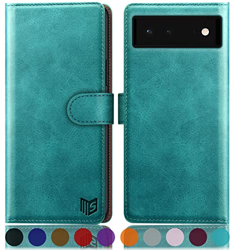SUANPOT [RFID Schutz für Google Pixel 6A Hülle PU Leder Handyhülle Lederhülle Klapphülle Kartenfach Flip Cover für Pixel 6A Handy hülle Leather Wallet Phone Case (Blau Grün)