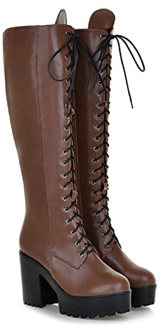 Stivali da Donna con Tacco Alto Stivali Alti Stivali con Zip Laterale Stringate con Tacco Grosso Scarpe Taglie Forti