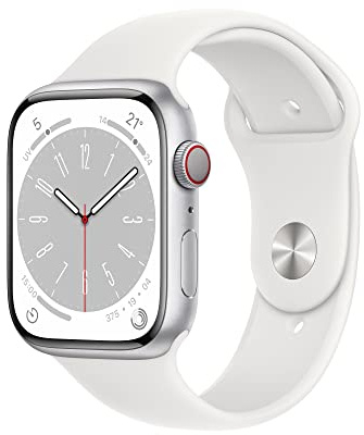 Apple Watch Series 8 (GPS + Cellulare, 45MM) - Case Argento in Alluminio con Cinturino Sport Bianco (Ricondizionato)