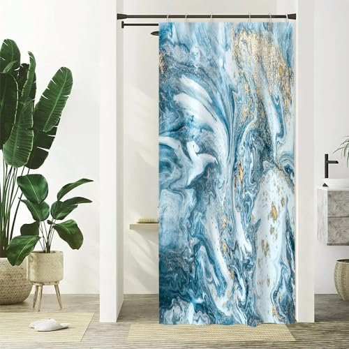 Uiiooazy Rideau Douche Anti Moisissure, Rideau de Douche Étroit 90x180cm Bleu Effet Marbre Gris Abstrait Petit Rideaux de Baignoire Tissu Lavable Imperméable Rideaux Salle de Bain avec 6 Crochets