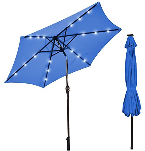 COSTWAY 2.7m Garden Parasol, 18 Solar Powered LED Lights Patio Umbrella with Tilt and Crank Handle, UV Protective Outdoor Table Sun Shade for Deck Yard Pool (Blue)