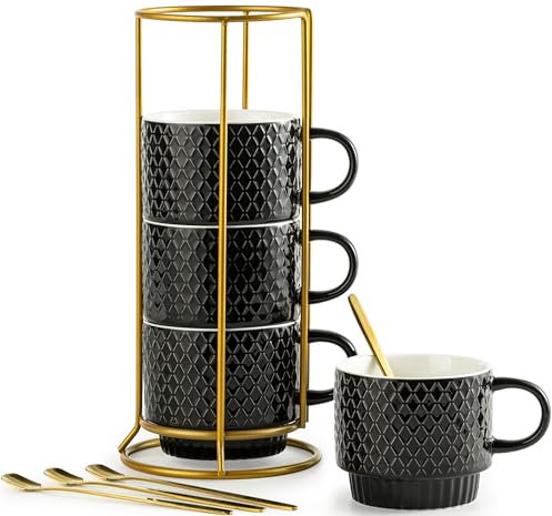 LYEOBOH Stackable Coffee Mugs Set of 4 with Rack & Spoons Coffee Mug Set 13 OZ., Ceramic Embossed Grinding Demitasse Cups Set Cappuccino Cup Halloween for Coffee, Latte, Macchiato, Espresso, Black