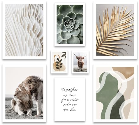ARTFAVES® Poster Set - ABSTRACT NATURE - mehrteilige Wanddeko Wohnzimmer & Schlafzimmer - 8 moderne Wandbilder Abstrakt, grün, Löwe, beige, gold, Natur - ohne Bilderrahmen