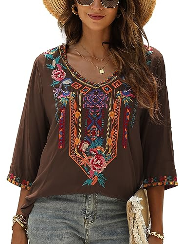 Seasonal Bohemian Embroidery Mexican Tops Women's Summer Boho Shirts Hippie Peasant 3/4 Sleeve V Neck Blouses Tunic (328-Brown, 3XL)
