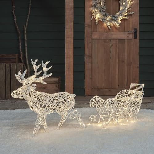 Lights4fun 3-in-1 LED Rentier mit Schlitten Beleuchtet 70cm Hirsch Figur Timer Weihnachtsbeleuchtung Außen und Innen Batteriebetrieb