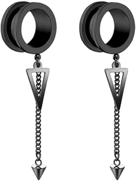 Epinki Ohr Plug Vintage 2pcs, Schwarz Ohrringe Rund mit Kette Dreieck Anhänger Flesh Tunnel Set Formen 25mm, Edelstahl Piercing Schmuck