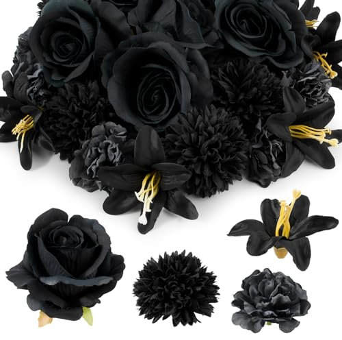 BOFUNX 20pcs Fiori Artificiali Neri Decorazioni Fiori Finti Neri Teste di Fiori Nero per Carnevale Halloween Bouquet DIY Bomboniere Centrotavola Festa Artigianato Fai da Te