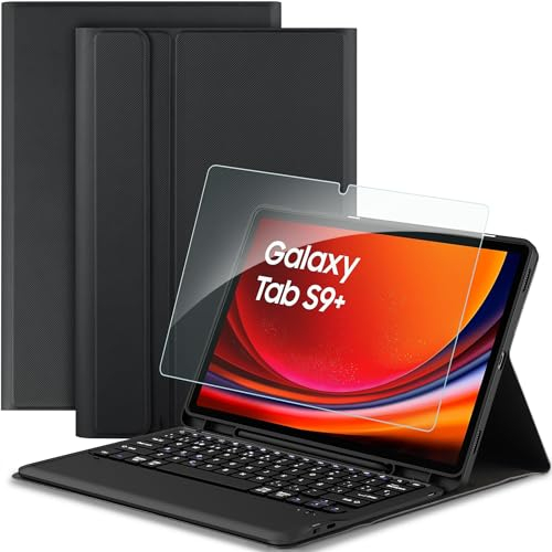 EasyAcc Tastatur Hülle Kompatibel mit Samsung Galaxy Tab S9 Plus/S9 FE+ 12.4 Zoll 2023 mit Schutzfolie, Abnehmbar Tastatur Schutzhülle mit Pencil Halter, Schwarz