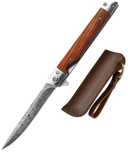 Lius Group Petit Couteau de Poche Pliant - Manche en Bois M390, Tranchant à Une Main, Extérieur Portable, Chasse EDC Antidérapant Avec Fourreau en Cuir