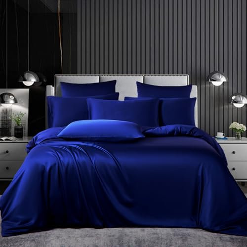 Bettwäsche Set Satin 135x200cm 4teilig Blau Silky Touch Glänzend Seide Einfarbig Bettbezug Set Glatt Luxus Marineblau Bettwäsche Set weicher Doppelbettmit Reissverschluss und Kissenbezüge 80x80cm