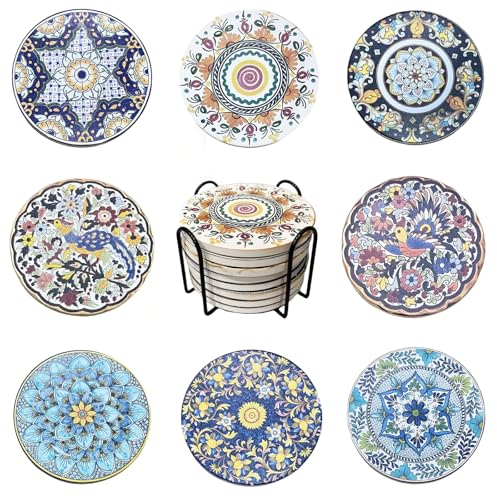 Alihoo Untersetzer für Getränke, 8-Set Keramik Untersetzer für Getränke absorbierend mit Korkbasis und schwarzem Halter,Coasters Geeignet für Couchtisch Geschenk Home Dekoration