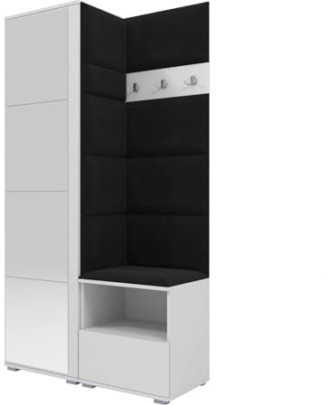 RAVIO Garderoben-Set NELA I mit Spiegel, 100cm Flurgarderobe mit Wandpaneele, Kompaktgarderobe mit Schuhschrank, Inklusive Montagekleber, Praktischer Garderobe (Weiß + Schwarz (Trinity 16))