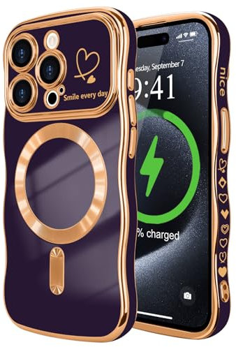 LCHULLE Cover magnetica per iPhone 15 Pro Max Custodia [Compatibile con Magsafe] cuore forma di ricciolo ondulato Cover Protezione Fotocamera galvanizzato Custodia per iPhone 15 Pro Max Viola scuro