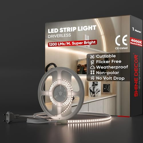 Shine Decor LED Streifen 1m, AC 220V 230V IP65 Wasserdicht LED Band, SMD 2835 120 leds/m Ultrahohe Helligkeit Lichtleiste für Home Decoration Küche Garten LED Beleuchtung (1M, Neutralweiß)