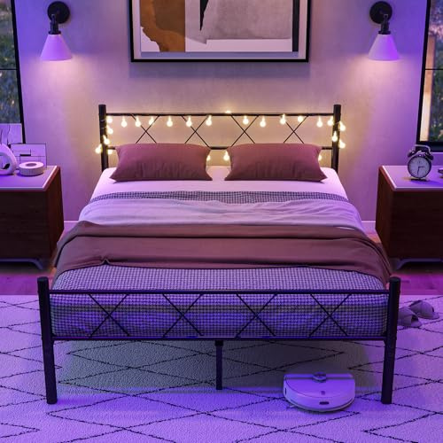 HOJINLINERO King Size Bed Frame with Headboard & lights,5ft Metal Bed Frame King Size Mattress Base/Underbed Storage,No Box Spring Needed,Heavy Duty Strong Slats Support,Solid Bed 150x200 cm,Black