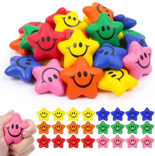 Ainiv 24 Stück Stern Lächeln Gesicht Stressbälle, 5.2cm Stern Schaum Smile Ball Sternform Stressball Relief Stern Stress Ball Lächeln Stressball für Schule Belohnung Student Party Tasche Füllstoffe