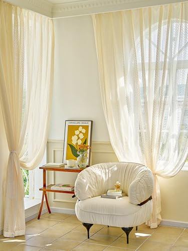 Aotiwe Gardine Küche Transparent, Vorhang Vintage Hohle Spitze Creme Beige Gardinen für Draußen Polyester 2er Set 132 x 160cm