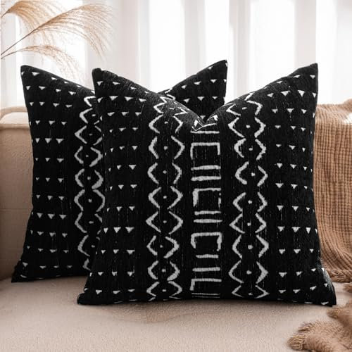 MIULEE 2er Kissenbezug 45x45 H-Schwarz Chenille Boho Kissenbezüge Kissenhülle Sofakissen dekokissen zierkissen Elegantes Design für Couch Sofa Wohnzimmer