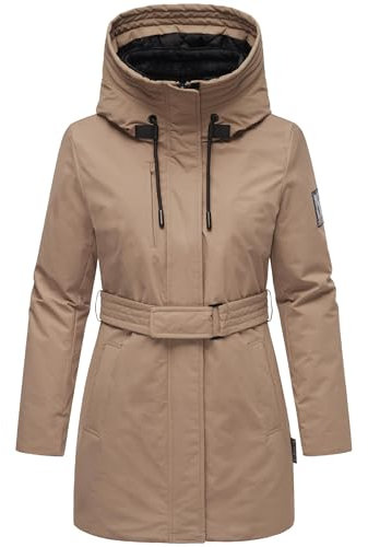 Navahoo Damen Parka lange Winterjacke warm mit Taillengürtel und (abnehmbaren) Fleece-Kragen Eishauch 14 Taupe Grey Gr. L