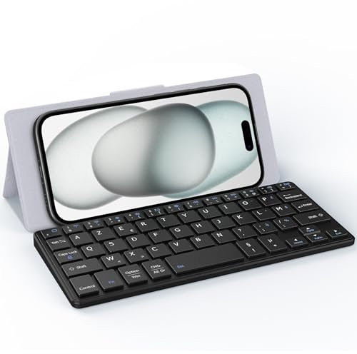 CACOE Teclado Bluetooth con Soporte, Mini Teclado para teléfono móvil, Ultrafino, portátil, Plegable, de Doble Canal, AZERTY con Soporte para Smartphone y más iOS, Android, Windows, Gris Claro