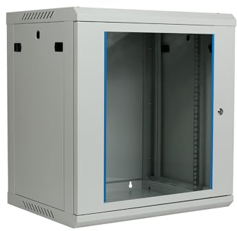 Netzwerkschrank 19 Zoll 12HE I 450 mm Tiefe I Serverschrank Grau montiert | Wandmontage I abschließbare Glastür I voll montiert I 100 kg Traglast I 600×450×636 mm (Grau - 45cm, 12HE)